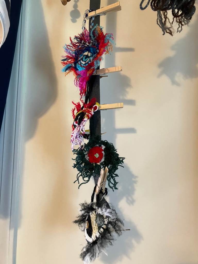 Four devil's claw eyes made by fiber artist, Sarah Batchelder, hang with clothes pins from a black strap.