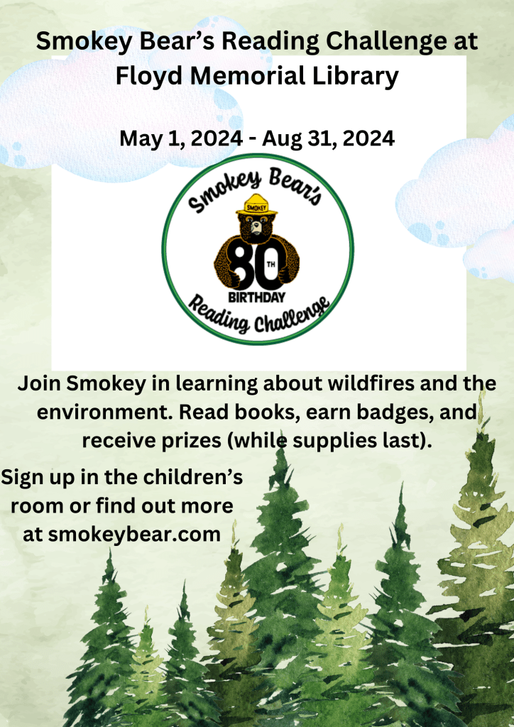 Flyer for Smokey Bear's 80th Birthday Reading Challenge at Floyd Memorial Library (2024).